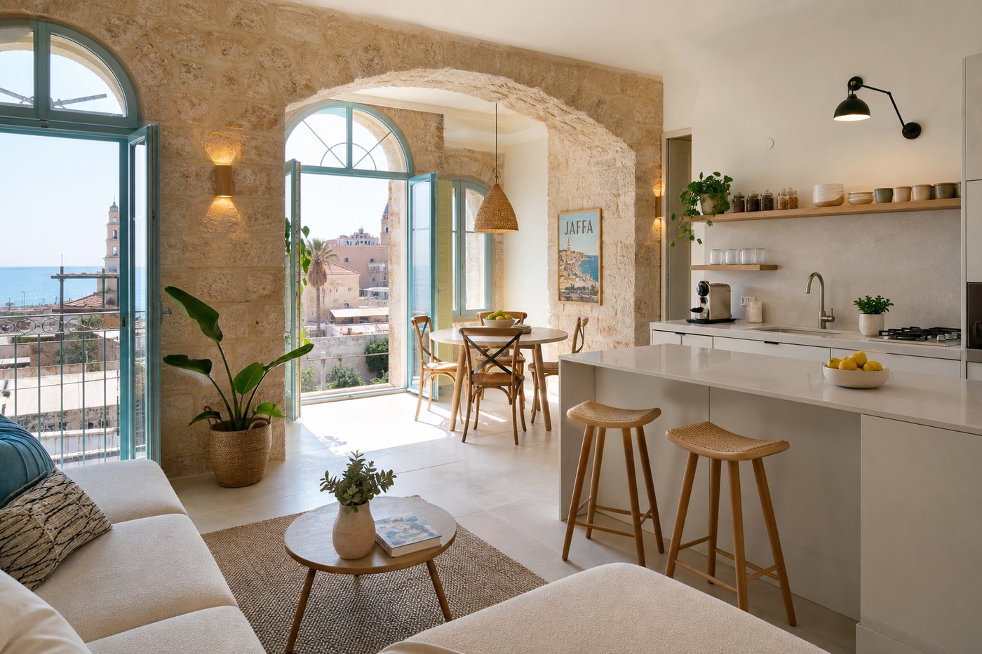 The Courtyard Loft interior with stone walls and modern kitchen