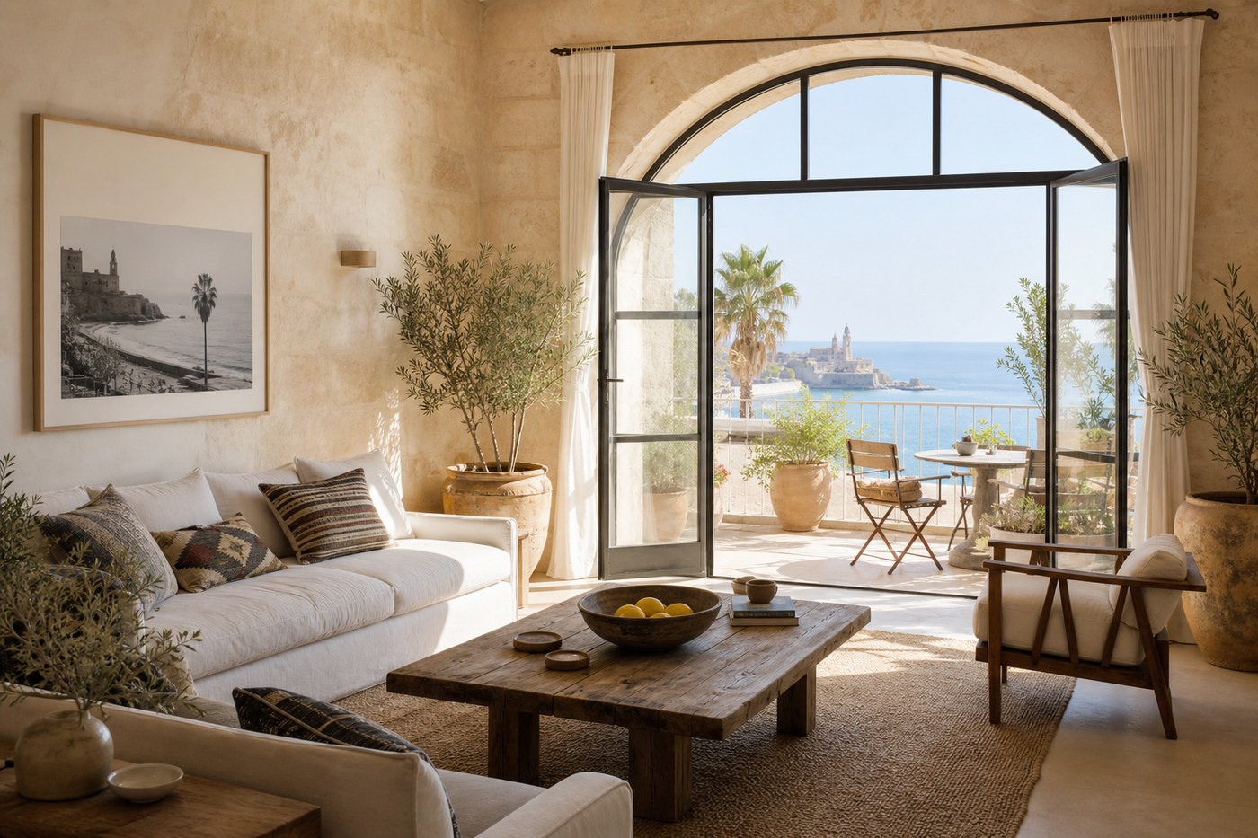 The Orange Tree Flat living room with terrace doors