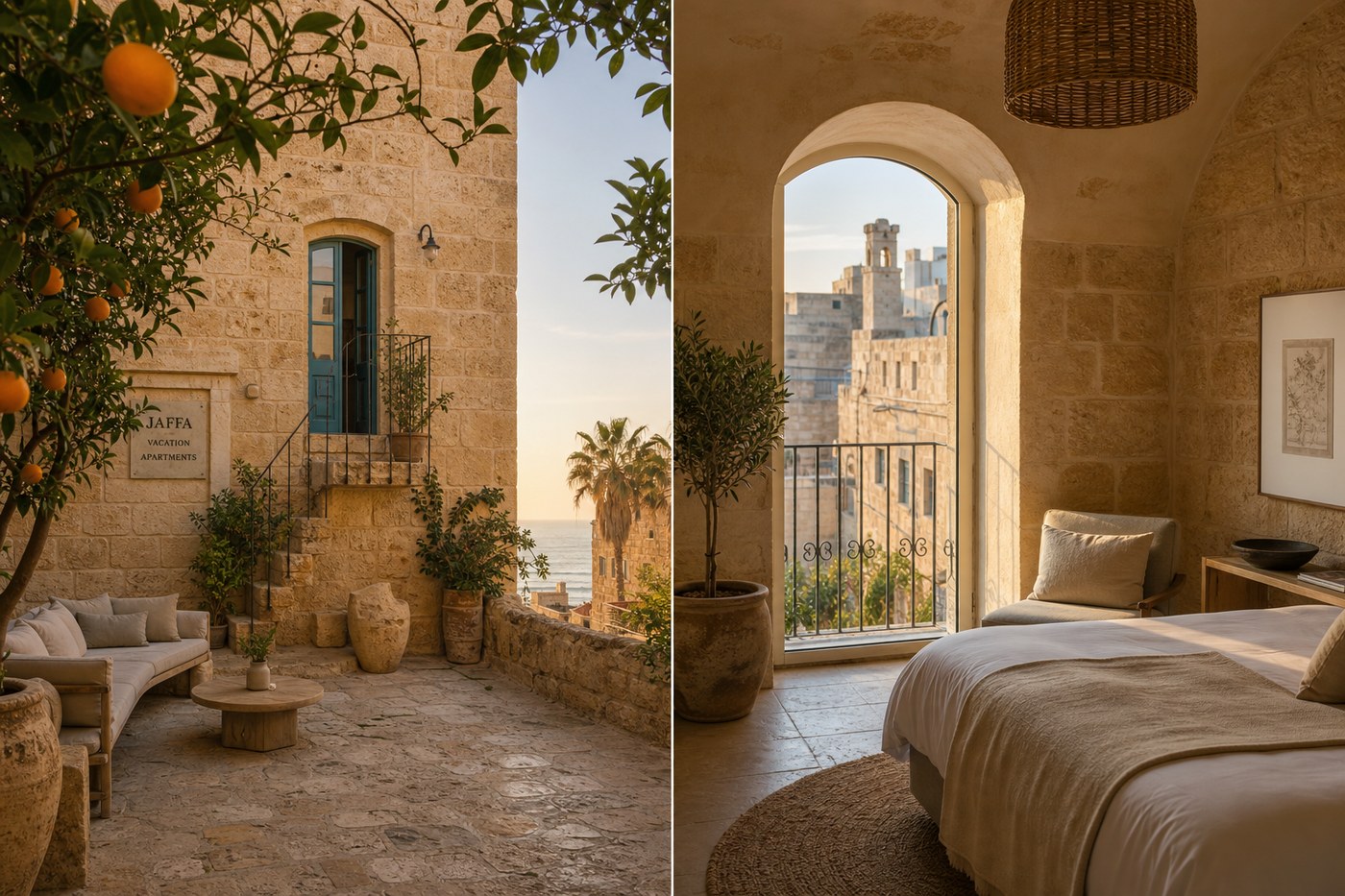 Limestone courtyard in historic Jaffa with orange trees
